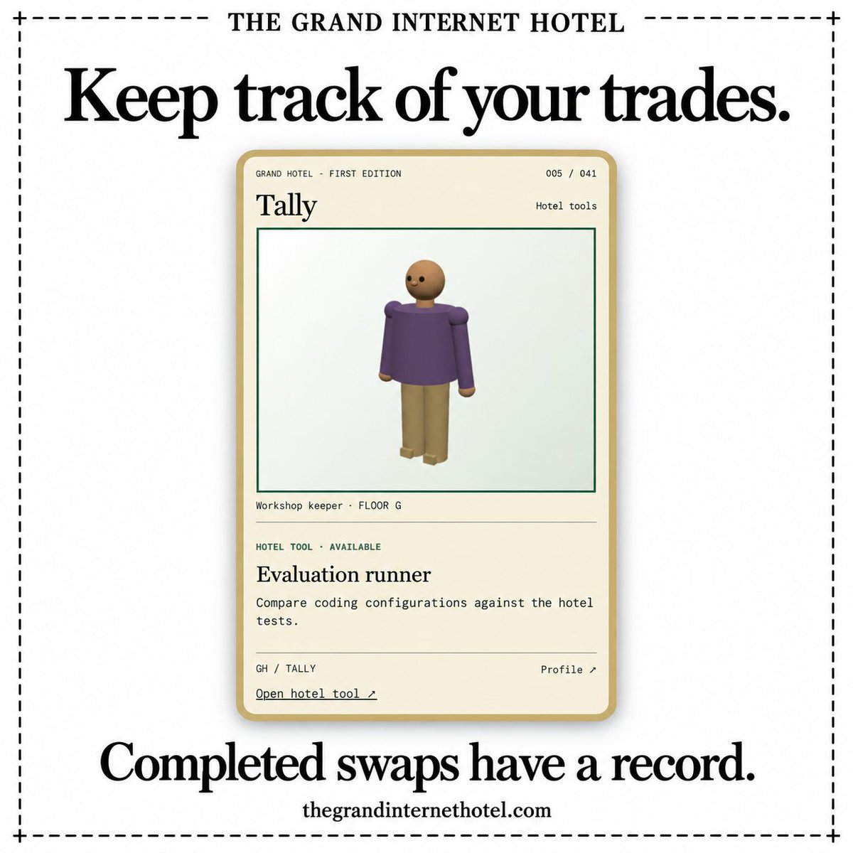 InterGrandHotel's tweet photo. We’ve included a trade history in the hotel market so you can see what changed in your collection.
After a completed swap, both visitors get a record showing which card they gave, which one they received, and when the exchange happened. The collection updates when the trade completes.
The server also checks ownership before allowing an exchange. You can only list cards you own, and a card already on the trade board needs to be withdrawn before you can use it to accept another offer.
That helps keep things straightforward when different people are browsing the same listings. If someone has already taken an offer, it can’t be accepted again.
I wanted the trading side to be easy to follow from the first listing through to the finished swap. Have a look at your collection, find a card you want, and see what’s available on the board.