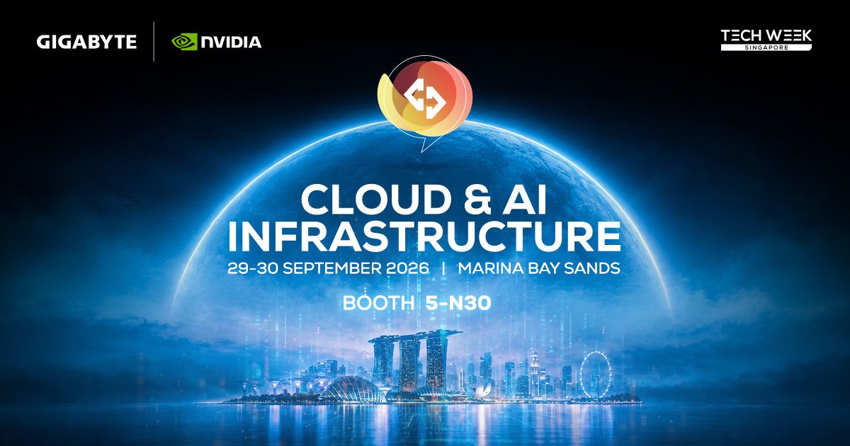 GigaComputing's tweet photo. GIGABYTE is heading to Cloud & AI Infrastructure Asia 2026 at Tech Week Singapore! Come see our latest NVIDIA Grace Blackwell, B300, and liquid-cooled GPU platforms at Booth 5-N30, Sep 29-30 at Marina Bay Sands. 

👉 https://t.co/xDOo3l79YI

#GigaComputing #NVIDIA #TechWeekSingapore #AIInfrastructure #LiquidCooling