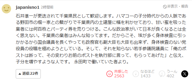 monozukuriman's tweet photo. ヤフコメ欄にえぐい情報が。石井準一、マジでクズofクズ。

【速報】高市総理「政権公約の実現に向け総力をあげた実行体制」自民党役員人事を説明「参院役員の人事権は私にない」【全文掲載】(FNNプライムオンライン（フジテレビ系）)
https://t.co/w9hw6KkrZk https://t.co/rdd8XWFgR1