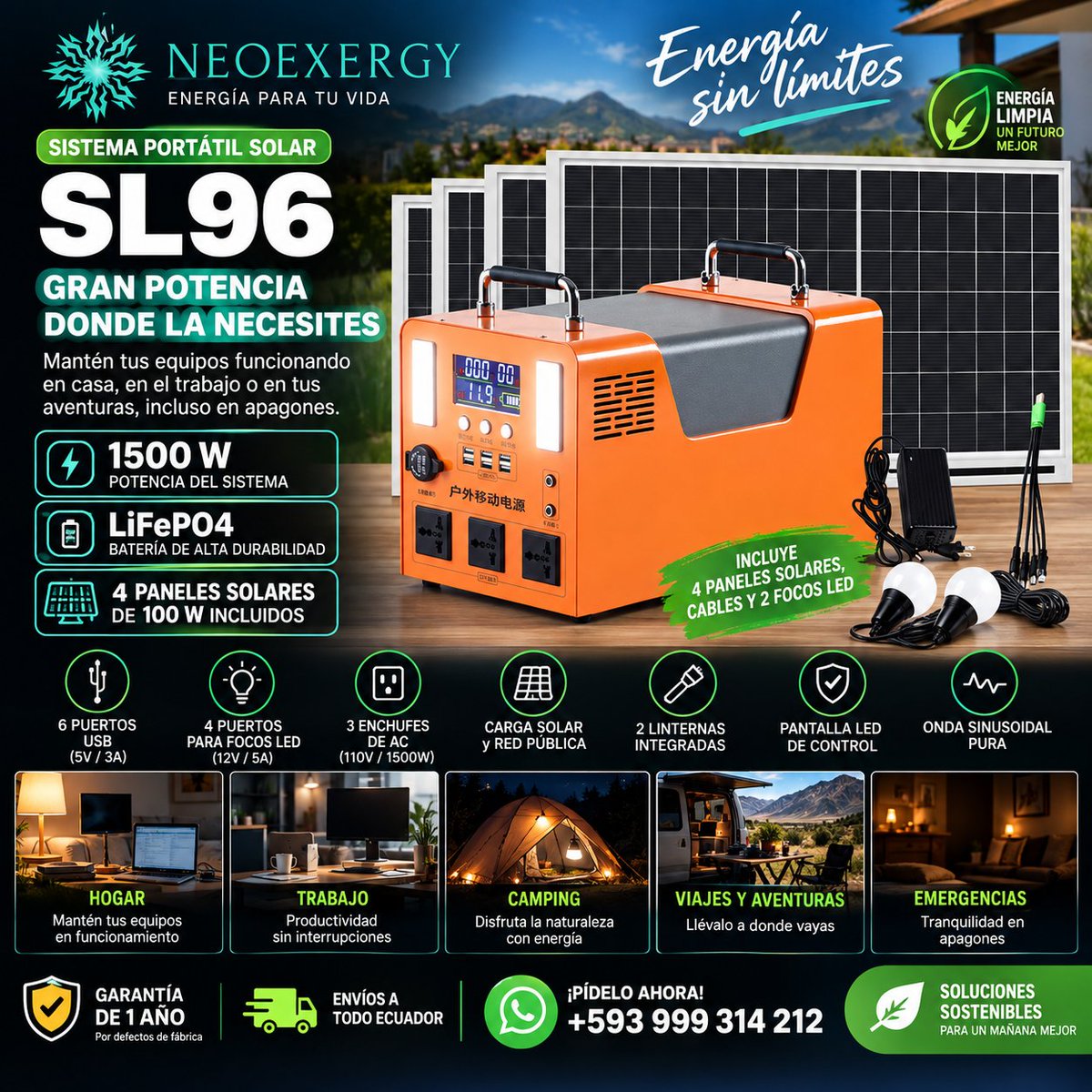 ExergyNeo's tweet photo. SL96 Energía solar para seguir   El SL96 combina 1500 W, batería LiFePO₄ 25,6 V / 60 Ah y 4 paneles solares de 100 W.
☀️ Carga solar y por red eléctrica
🔌 3 salidas AC + 6 USB
📲 WhatsApp: +593 999 314 212#NeoExergy #SL96 #EnergiaSolar #Ecuador https://t.co/3myPaJNLU5