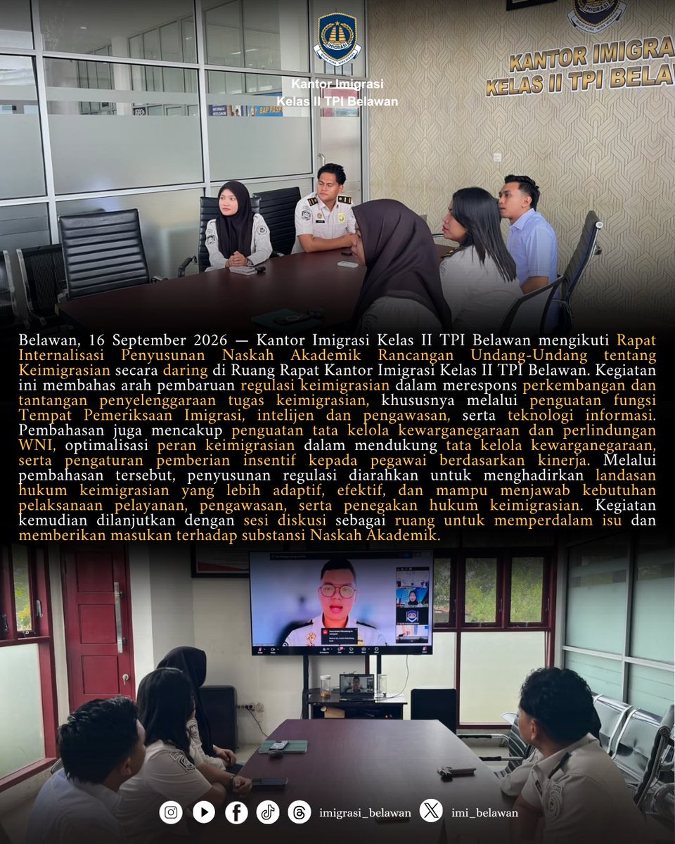 imi_belawan's tweet photo. Belawan, 16 September 2026 — Kantor Imigrasi Kelas II TPI Belawan mengikuti Rapat Internalisasi Penyusunan Naskah Akademik Rancangan Undang-Undang tentang Keimigrasian secara daring di Ruang Rapat Kantor Imigrasi Kelas II TPI Belawan.

#kemenimipas #dirjenimigrasi https://t.co/hEfoYLaDiD