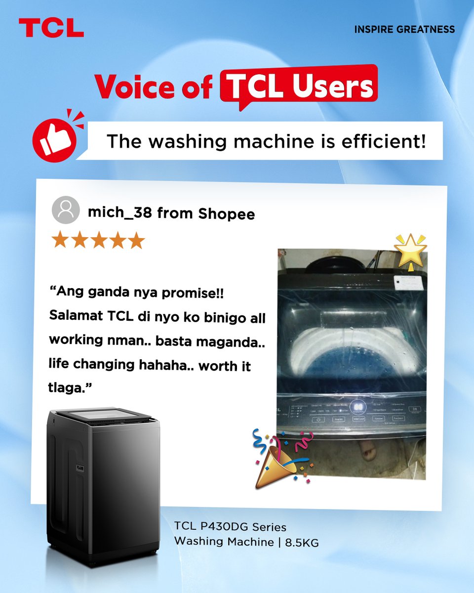 TCLPH's tweet photo. Life-changing laundry days? We love to hear it! 🧺

Thank you for trusting the TCL TWF-P430 Top Load Washing Machine! We’re happy to make your laundry days a little easier and more convenient

#VoiceofTCLUser #TCLCustomerReview  #TCLLaundryCareExpert #TCLP430 #TCLTopload https://t.co/m0ps2rj3rA