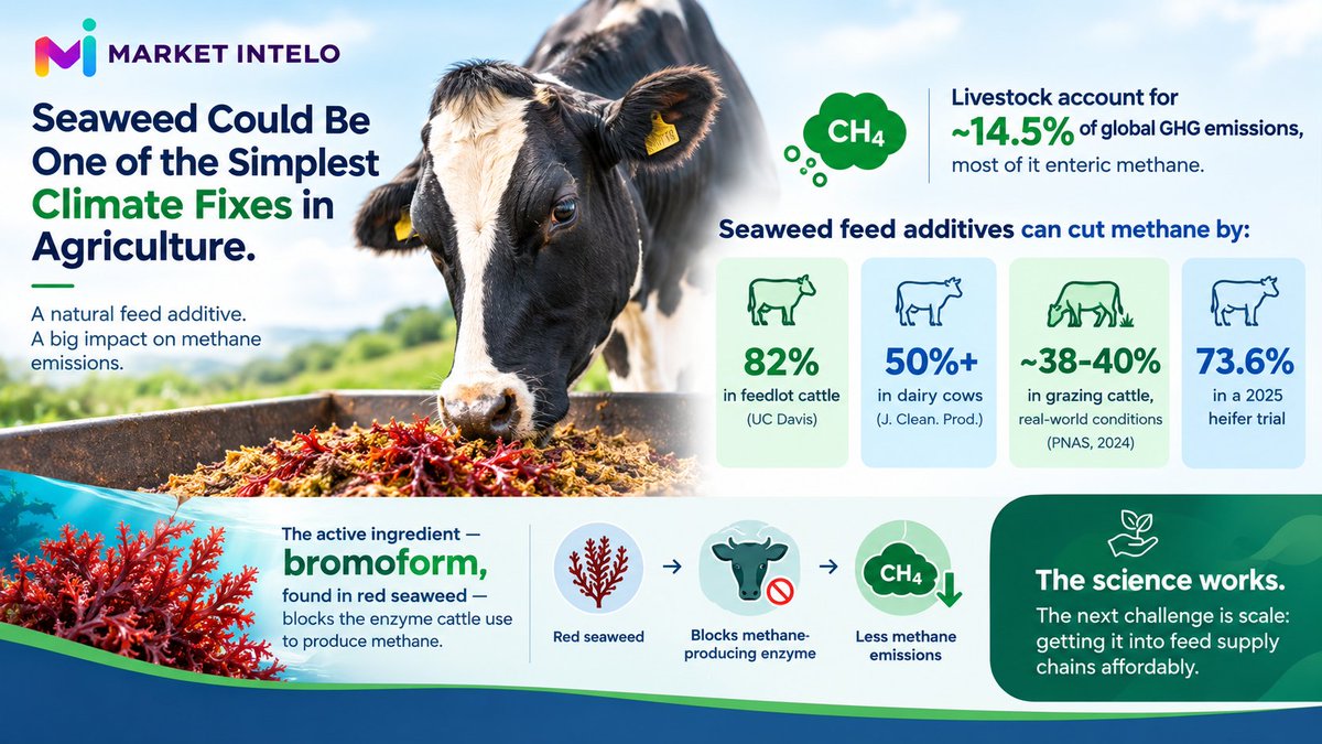 marketintelo's tweet photo. 🌊 Seaweed could cut livestock methane by up to 82% in cattle.

From 38–40% in grazing cattle to 73.6% in heifers, the numbers point to a promising path for lower-emission agriculture. 🌱

Full Outlook: https://t.co/EnL3OOaoTT

#AgTech #SustainableAgriculture #ClimateTech https://t.co/JGfx3is9CO