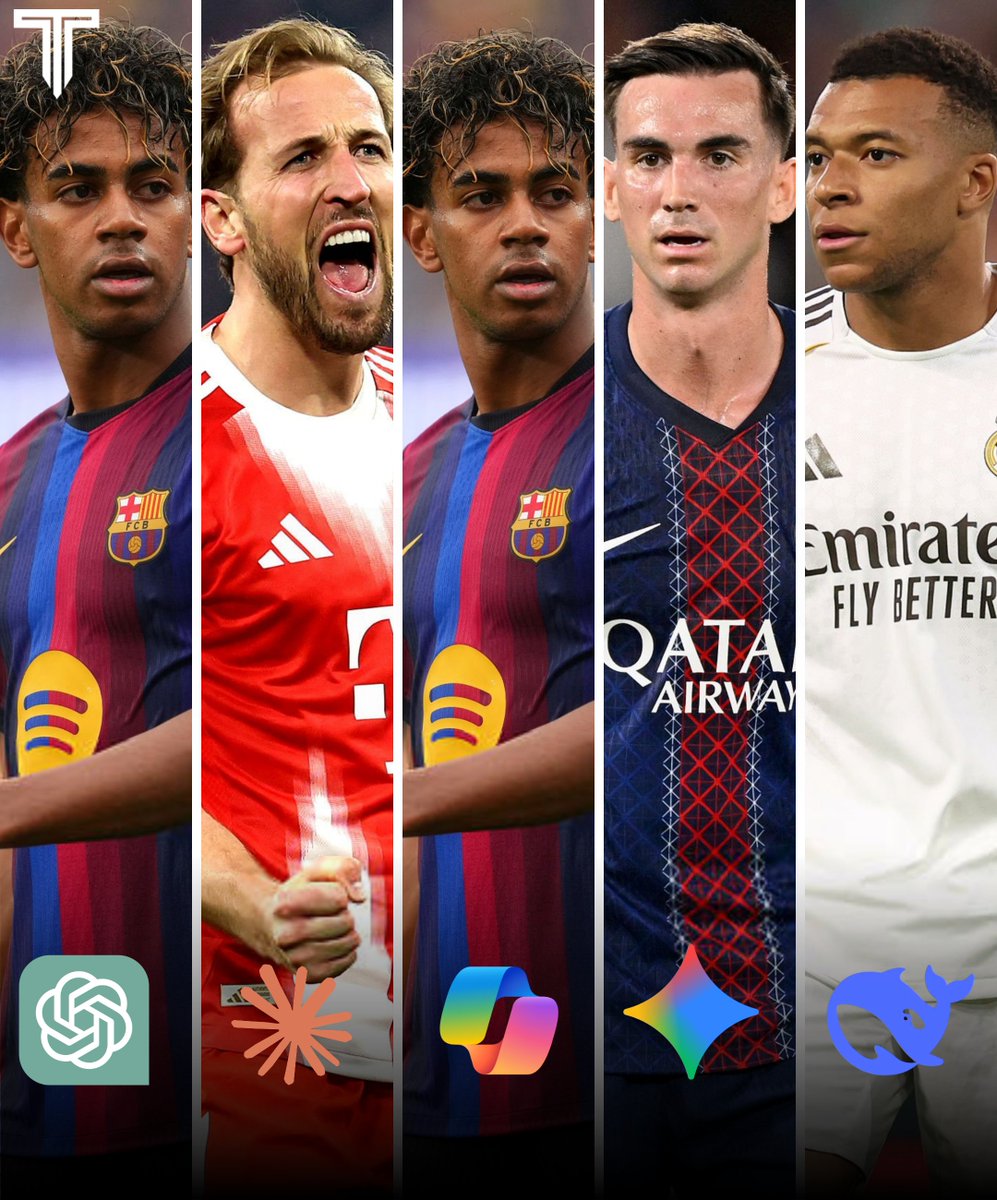 TouchlineX's tweet photo. 🚨🌟 𝗡𝗘𝗪: Lamine Yamal is the MOST PICKED winner in these five AI assistants’ predictions for the 2026 Ballon d’Or:

•⁠  ⁠ChatGPT picked Lamine Yamal because he won the World Cup, was named La Liga MVP and combined major trophies with outstanding individual stats.

•⁠  ⁠Claude picked Harry Kane because he had the strongest stats and was the best player last season, despite not winning the UCL or World Cup.

•⁠  ⁠Copilot picked Lamine Yamal because he won the World Cup and was the best player last season.

•⁠  ⁠Gemini picked Fabián Ruiz because he won the UCL, World Cup and Ligue 1, playing a crucial role in every trophy he won.

•⁠  ⁠DeepSeek picked Kylian Mbappé because he scored 10 goals at the World Cup and delivered top numbers for Real Madrid.