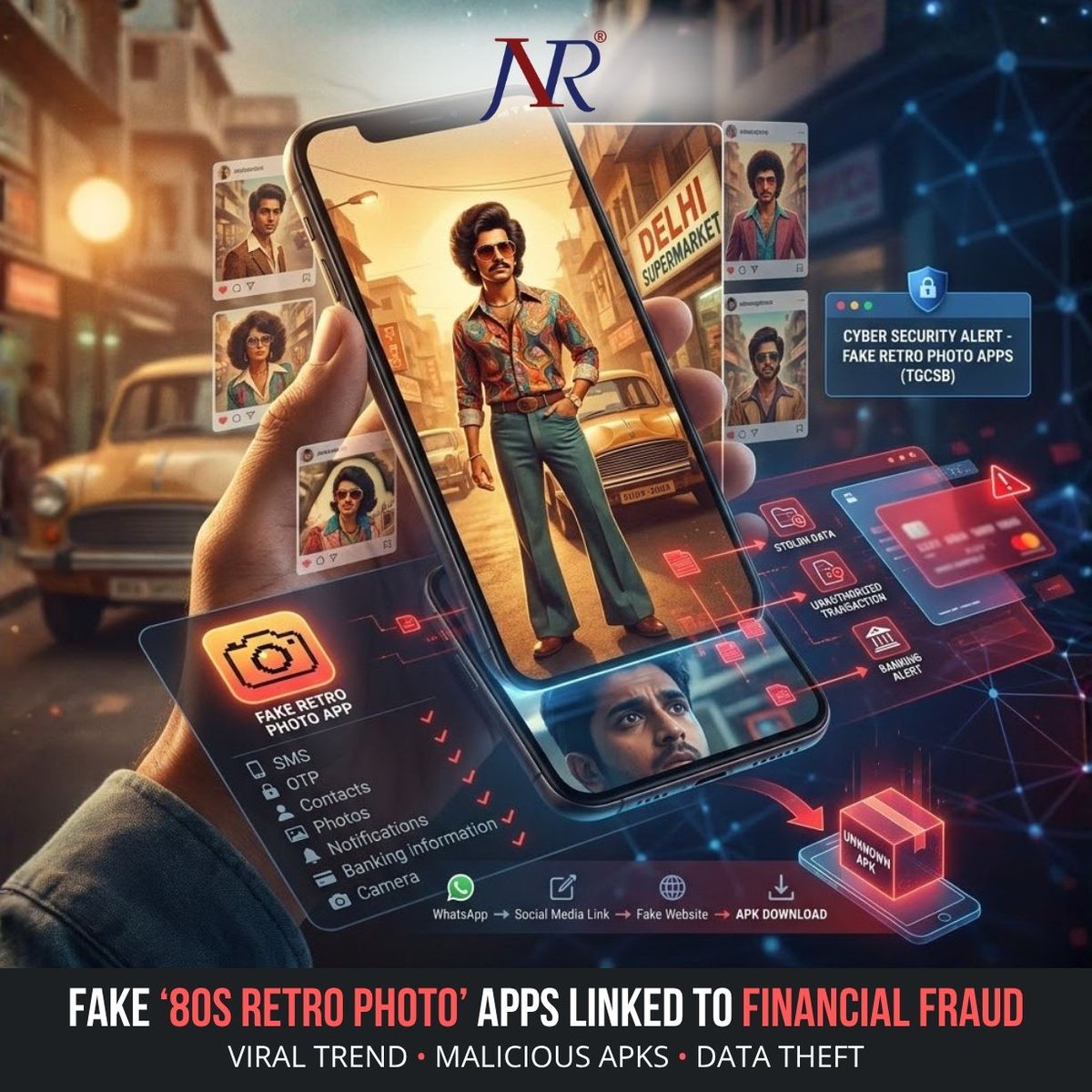 jnrmanagement's tweet photo. 🚨 Cybersecurity Alert: The 1980s Retro Photo Trend Has a Dark Side 🚨
📸 What's Happening:
The viral "1980s retro photo" trend is being exploited by cybercriminals through fake apps and malicious APK downloads.
#CyberSecurity #CyberFraud #DataPrivacy #JNRCyberWatch #APKScam https://t.co/yV281Focav