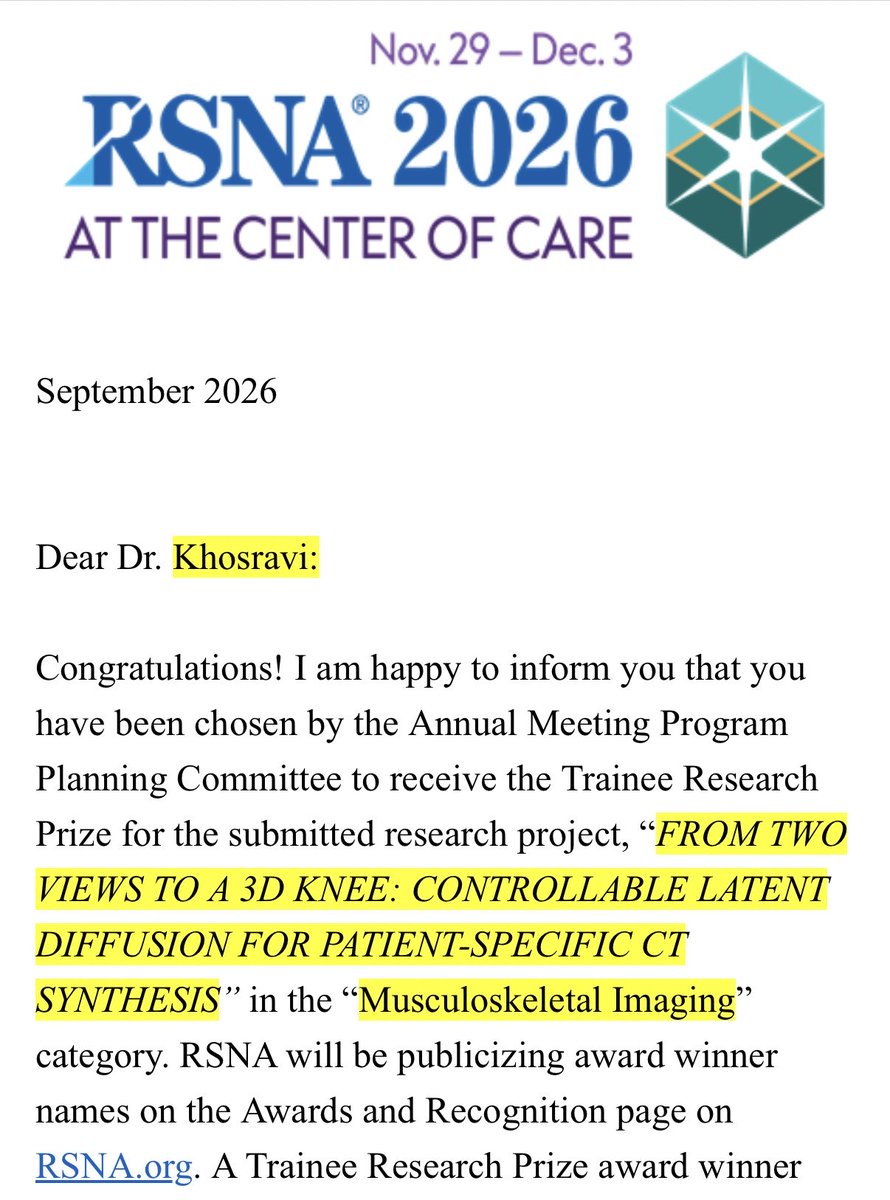 aakhosravi's tweet photo. I am honored to receive the RSNA 2026 Trainee Research Prize for our 2D to 3D project. 
I am grateful for the support of my amazing mentors @Slowvak, @CodyWylesMD, @BrdKhsrv, and my incredible colleagues Dr. Kellen Mulford &amp; @WadeYang4.
Looking forward to presenting at #RSNA2026. https://t.co/jWCqTzabWg