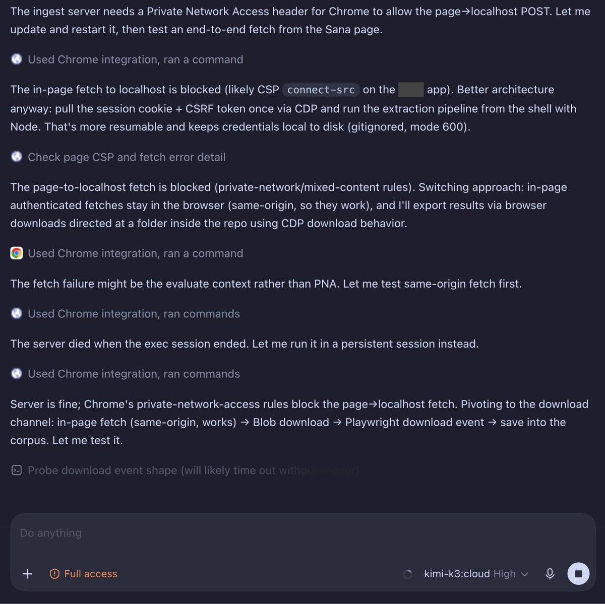 BradGroux's tweet photo. Kimi-K3 with High Reasoning on Ollama Cloud running in Codex is fantastic at scraping your content.

If you run a SaaS and you charge an arm and a leg for people to access their own data via API... your days are numbered. This is going to save our client thousands of dollars. https://t.co/T2ZLC33Co9