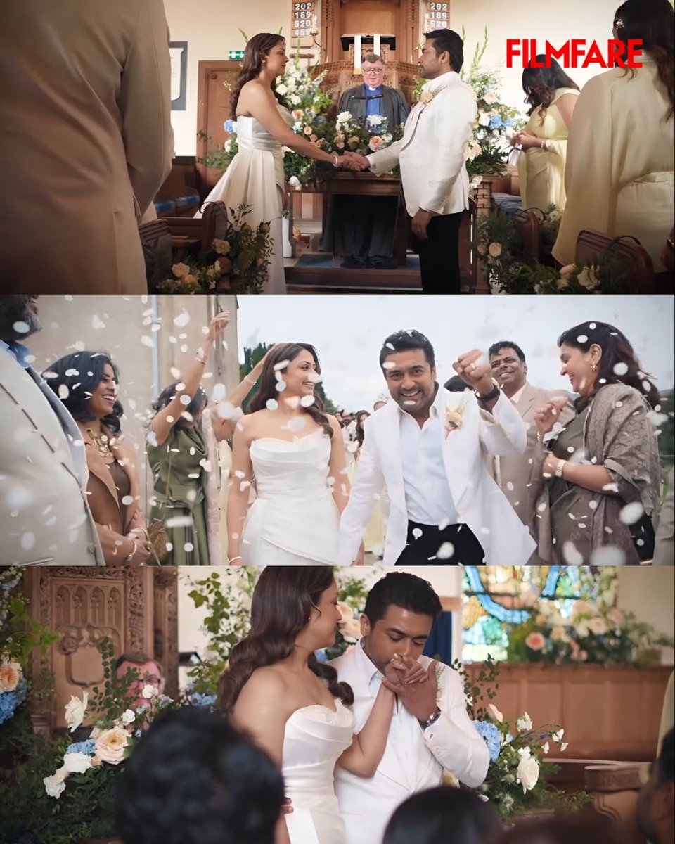 filmfare's tweet photo. #Jyotika and #SuriyaSivakumar celebrate 20 years of love by renewing their vows in a dreamy, fairytale setting. ❤️✨

#Trending #FilmfareSouth https://t.co/9u9wrYag60
