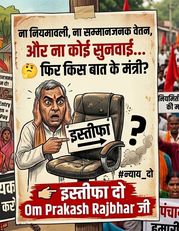 Raghven65167146's tweet photo. #ओपी_राजभर_इस्तीफा_दो
उत्तर प्रदेश के पंचायती राज मंत्री जी का बयान बेहद निराशाजनक है। 5 साल से अल्प मानदेय पर काम कर रहे है #पंचायतसहायक कोई अनुचित मांग नहीं कर रहे; योग्यता और सम्मानजनक जीवन यापन के लिए हक मांग रहे हैं।  #JusticeForPanchayatSahayak @myogiadityanath @oprajbhar https://t.co/Gkq9OJ0rjT