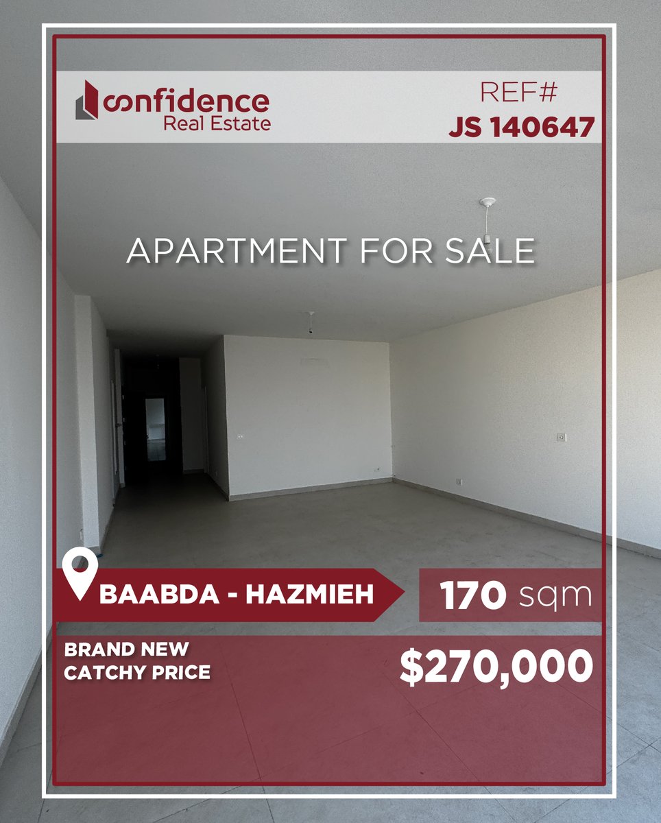 confidence_cre's tweet photo. Price: $270,000 + 2.5% commission
Brand-new apartment in the heart of Hazmieh
For more info, please contact Confidence Real Estate at 
71000850
REF#JS140647
#Hazmieh #ApartmentForSale #HazmiehRealEstate #LebanonRealEstate #LebanonProperty 
#CONFIJS
A https://t.co/up5CayVVxP