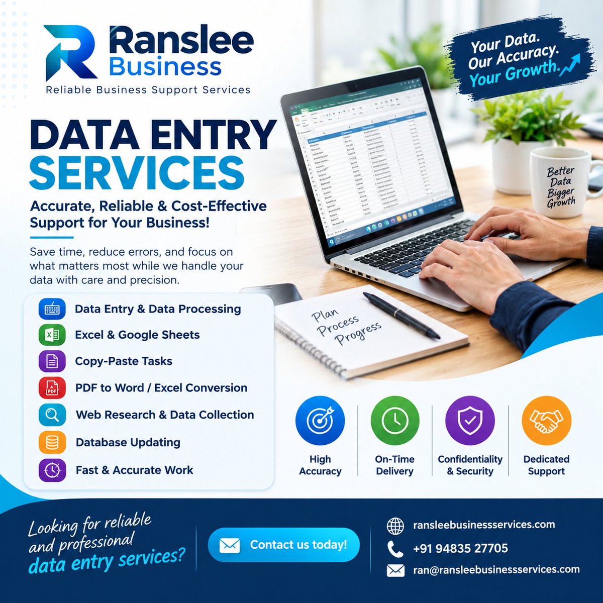 ransleeimage's tweet photo. Ranslee Business Services Data Entry Services for Your Business! 💻Save time, reduce errors, and focus on what matters most while we handle your data with care and precision. #DataEntry #DataEntryServices #VirtualAssistant #DataProcessing #ExcelServices #BusinessSupport https://t.co/5gWvAoG22F