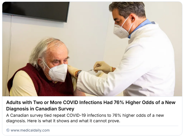BigBadDenis's tweet photo. A Canadian study of nearly 9,000 adults looked at repeat COVID infections. The study found people reporting COVID at least twice had 76% higher odds of being diagnosed with a new health condition, across 21 conditions studied, compared with those who reported never being infected https://t.co/UspjYF4MSI