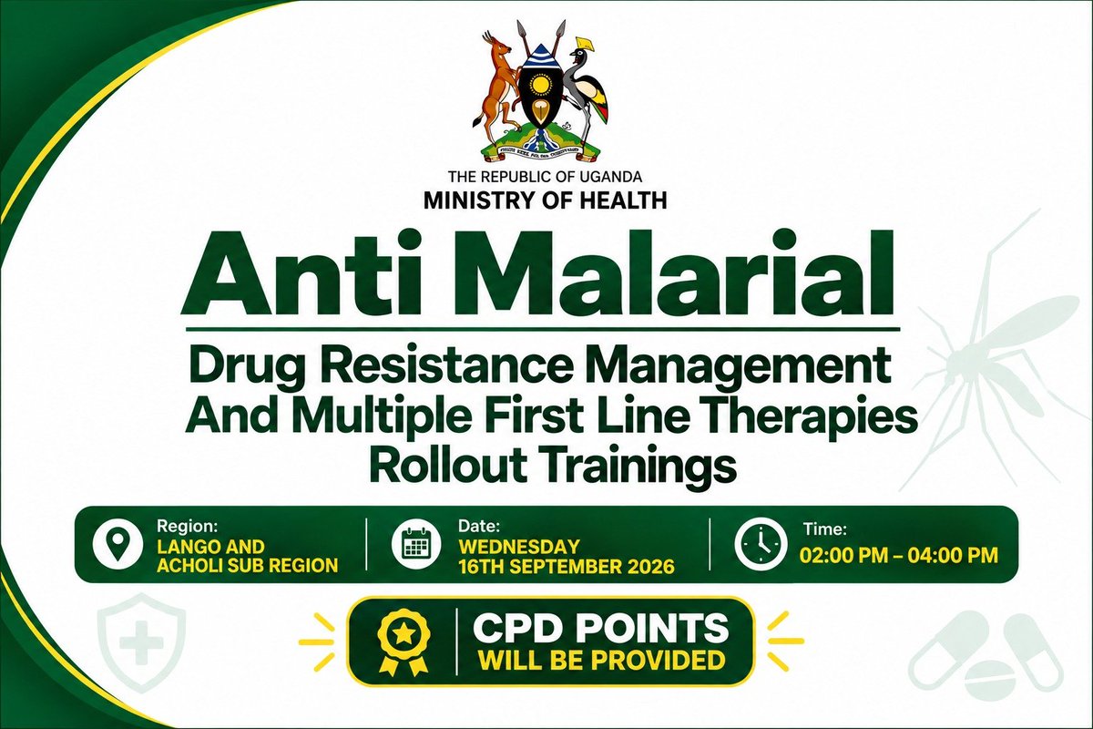 DrOribaDan's tweet photo. 🦟🇺🇬 Anti-Malarial Drug Resistance Management

The @MinofHealthUG is rolling out Multiple First-Line Therapies training across the Lango & Acholi sub-regions.
Zoom link: https://t.co/etMzFTgshr

📅 Wed, 16 Sept 2026
⏰ 2:00–4:00 PM
💻 Join via Zoom: Join Meeting

Stronger systems. Healthier communities. Zero Malaria. 🌱🦟