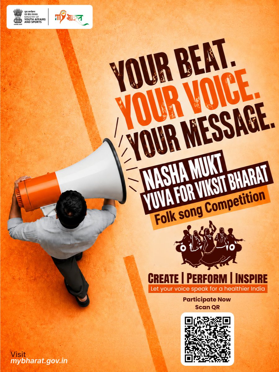 MYBharatHQ's tweet photo. Let your roots sing for a Nasha Mukt Bharat. 🎶

Yuva Shakti—turn the rhythm of your traditions into a powerful message and inspire a generation towards a drug-free future.

🎤 Solo: 3–5 min | 🥁 Group: 4–6 min

📲 Participate now: https://t.co/TBmTbo1VG0

#NashaMuktYuva https://t.co/A5dDKr02y0