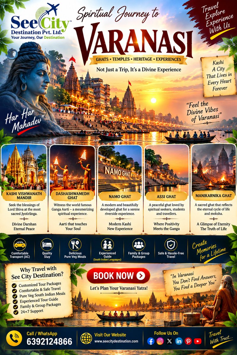 Seecitydestina's tweet photo. 🔱 Discover Varanasi — The Spiritual Heart of India 🕉️
Kashi Vishwanath • Namo Ghat • Assi Ghat • Manikarnika Ghat • Ganga Aarti
Experience the ghats, temples &amp; timeless spirituality of Kashi.
📞 6392124866
#Varanasi #Kashi #Mahadev #VaranasiTour #GangaAarti #seecity https://t.co/mqTO8AWXZB