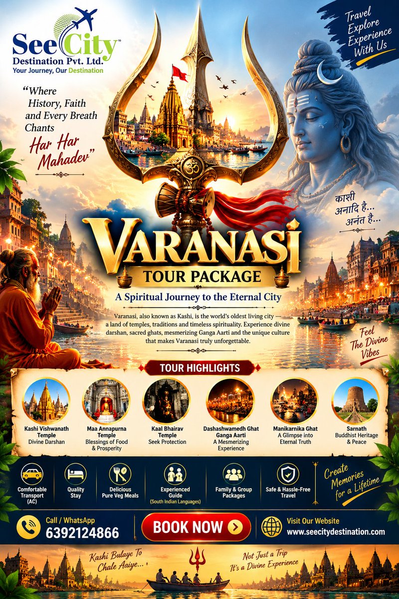 Seecitydestina's tweet photo. 🔱 Discover Varanasi — The Spiritual Heart of India 🕉️
Kashi Vishwanath • Namo Ghat • Assi Ghat • Manikarnika Ghat • Ganga Aarti
Experience the ghats, temples &amp; timeless spirituality of Kashi.
📞 6392124866
#Varanasi #Kashi #Mahadev #VaranasiTour #GangaAarti #seecity https://t.co/mqTO8AWXZB