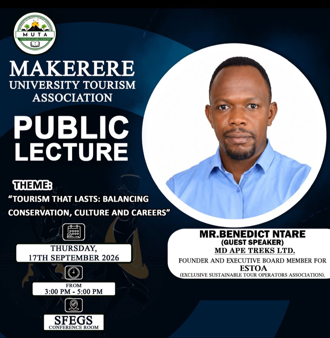 makereretourism's tweet photo. Meet Mr. Benedict Ntare, Managing Director of Ape Treks Ltd, Founder &amp; Executive Board Member of ESTOA, brings extensive experience in sustainable tourism &amp; tour operations

He served as Vice-Chairperson of the @ug_tour (AUTO) from Jul 2018-Dec 2020
Join us! #PublicLecture #Muta https://t.co/FtFmNBZ5br