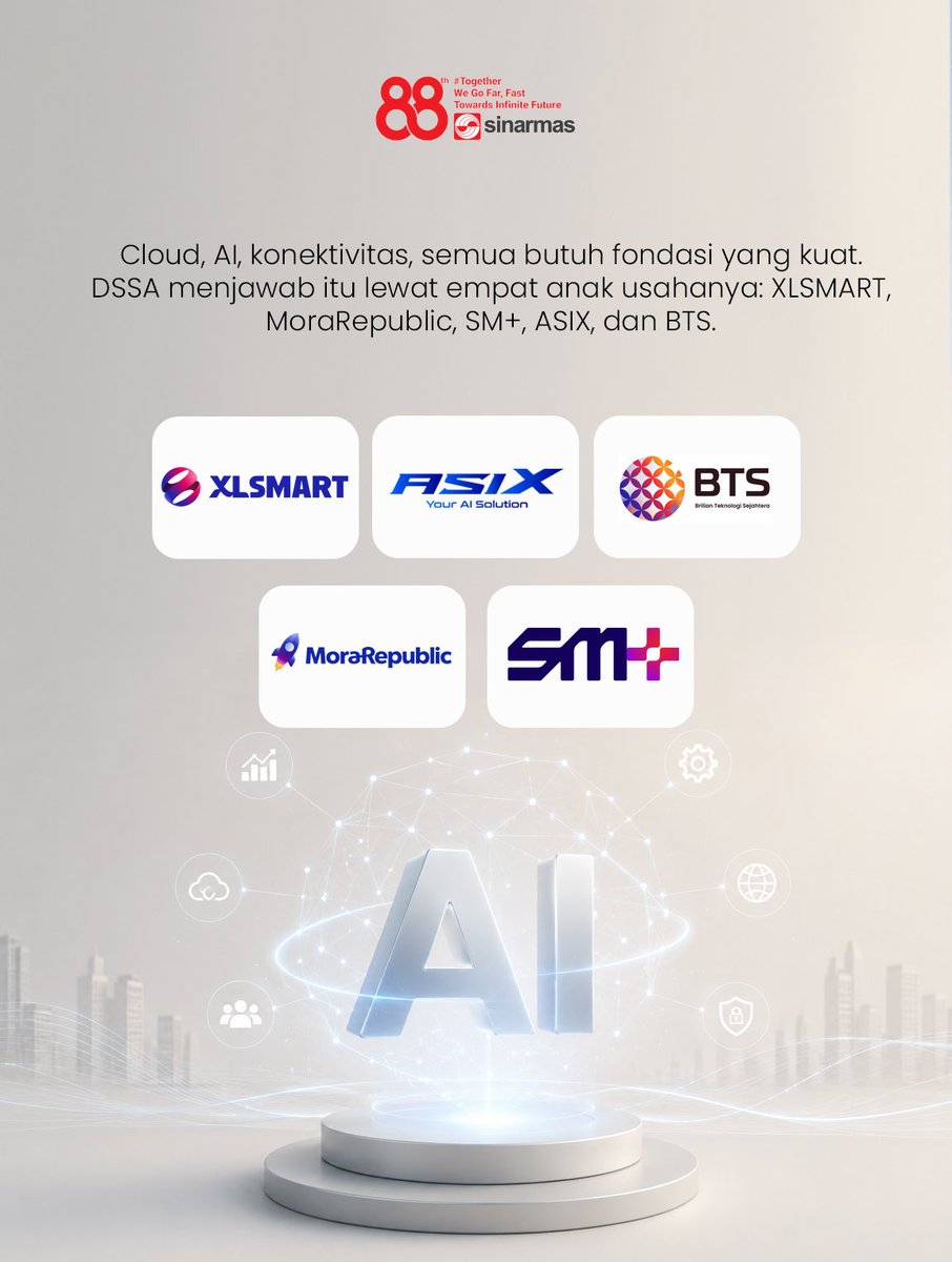 Sinar_MasID's tweet photo. Bukan hanya perusahaan energi, PT Dian Swastatika Sentosa Tbk (DSSA) kini juga membangun fondasi digital teknologi di Indonesia lewat empat anak usahanya, yaitu XLSMART, MoraRepublic, SM+, ASIX, dan BTS. 

#SinarMas
#MelajuBersama
#Simaspedia https://t.co/tmBRz0oneX