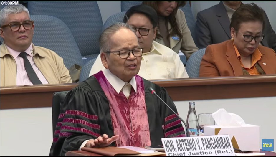 PhilippineStar's tweet photo. 'ANG HINAHANAP PO NG ATING BAYAN AY HUSTISYA MULA SA SENADO'

Retired chief justice Artemio Panganiban urged senator-judges to consider the public's expectations of justice rather than approach the impeachment proceedings solely from a legal or judicial perspective.

"It seems to me, your honors, that your questions as well as the answers you seek are from the point of view of the Senators. I'd like to say that on my part, I'm talking about justice for our people. What do our people expect from you? It's not legalism. It's not judicial conduct. It's justice for our people," he said on Wednesday.

"Ke-dalawampu kayo, ke-dalawamp't apat kayo, ke-dalawa lang kayo. Ang hinahanap po ng ating bayan ay hustisya mula sa Senado," he added.

Panganiban was invited as an amicus curiae to assist the Senate impeachment court in resolving the disputed conviction threshold in Vice President Sara Duterte's trial.

WATCH: https://t.co/CL8Otf0j0A
