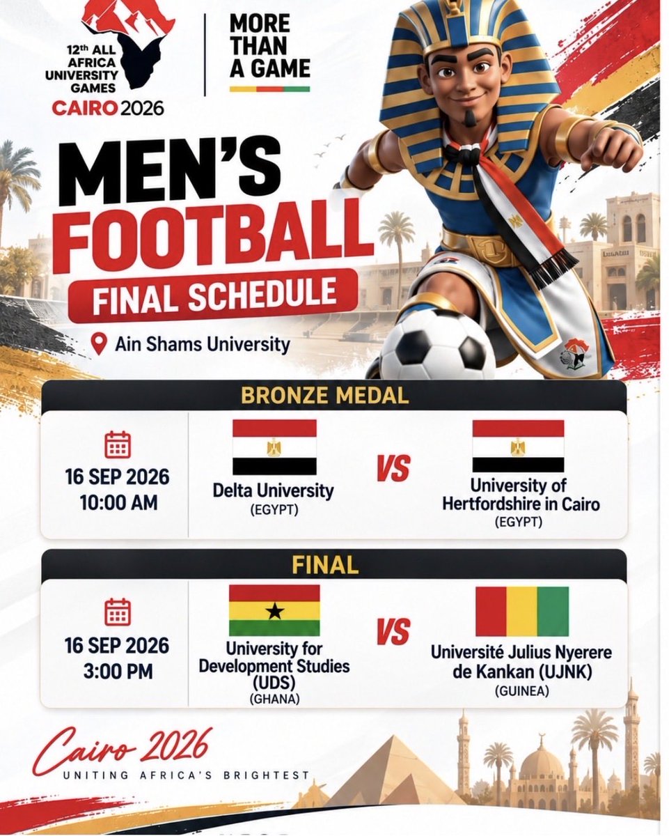 uds_official's tweet photo. 🏆 THE FINAL IS HERE! 

🇬🇭 UDS face UJNK of Guinea in the 12th All Africa University Games final today. 

🕛 12:00 PM Ghana time. 

One game. One mission. 

 #UDS #Developers #FASU https://t.co/nzwpBQXE5R