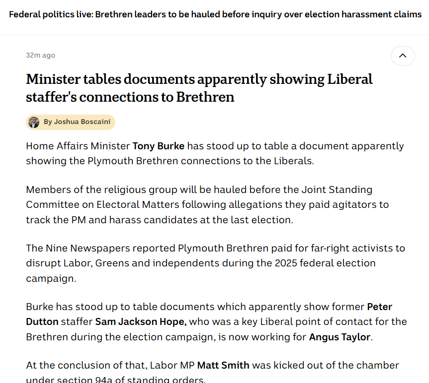 GreenSassafras's tweet photo. #NZpol ... Exclusive Brethren up to their old political tricks again, across the ditch in #auspol...
"Minister tables documents apparently showing Liberal staffer's connections to Brethren" https://t.co/Qb5TqZzoDF via @ABCaustralia
#TheHollowMen
#DirtyPolitics
#NickyHager https://t.co/QoaEjRolsk