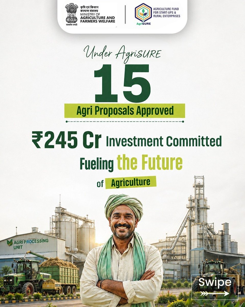 AgriGoI's tweet photo. Investing in bold ideas and shaping the future of agriculture through innovation-driven entrepreneurship. 

Got an idea that can transform agriculture? Let AgriSURE help you scale it.

To know more visit https://t.co/tt95GTl0Q2

#AgriSURE #AgriStartup #AgricultureInnovation #StartupIndia #AgriGoI