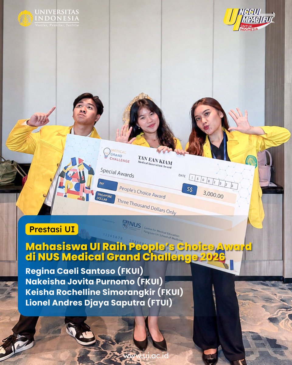 univ_indonesia's tweet photo. Tim mahasiswa UI berhasil meraih People’s Choice Award pada NUS Medical Grand Challenge 2026 yang diselenggarakan oleh Yong Loo Lin School of Medicine, National University of Singapore (NUS Medicine), di Grand Copthorne Waterfront Hotel, Singapura.

Menggagas inovasi Optimized Virtual Adaptive Care Ecosystem Integrating Gamified Smart Glove Technology for Stroke Rehabilitation (OvaCare) yang memadukan smart glove berbiaya rendah dengan sistem rehabilitasi berbasis web, inovasi ini mampu memberikan solusi rehabilitasi untuk pasien pascastroke.

Sarung tangan ini dilengkapi sensor dan Inertial Measurement Unit (IMU) yang merekam gerakan tangan pasien. Data tersebut lalu diubah menjadi permainan rehabilitasi interaktif, lengkap dengan umpan balik langsung, tingkat kesulitan yang menyesuaikan kemampuan pasien, sistem pencapaian, skor performa, dan papan peringkat sehingga pasien bisa berlatih sambil bermain dan tetap termotivasi memantau perkembangan mereka sendiri.

#universitasindonesia #FKUI #FTUI #prestasiUI #mahasiswaUI