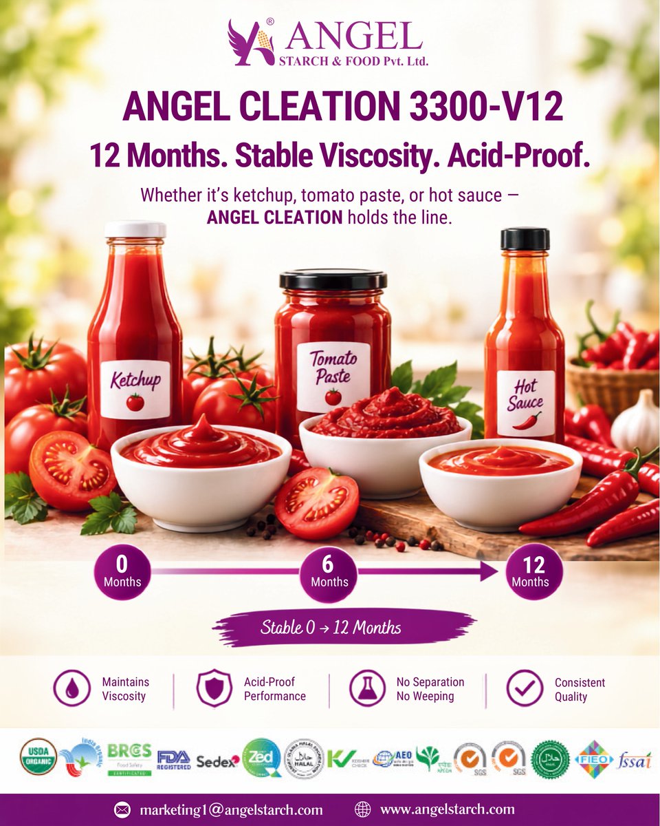 angel_starch's tweet photo. Your ketchup is separating on shelf.
ANGEL CLEATION 3300-V12 isn't. 
Acid-proof viscosity, 12 months stable, zero weeping. 
That's the condiment starch that actually holds. 🍅

CTA: DM for technical spec sheet

#FoodTech #Condiments #Ketchup #ShelfLife #AngelStarch #AcidStable https://t.co/7AYW8GaET9