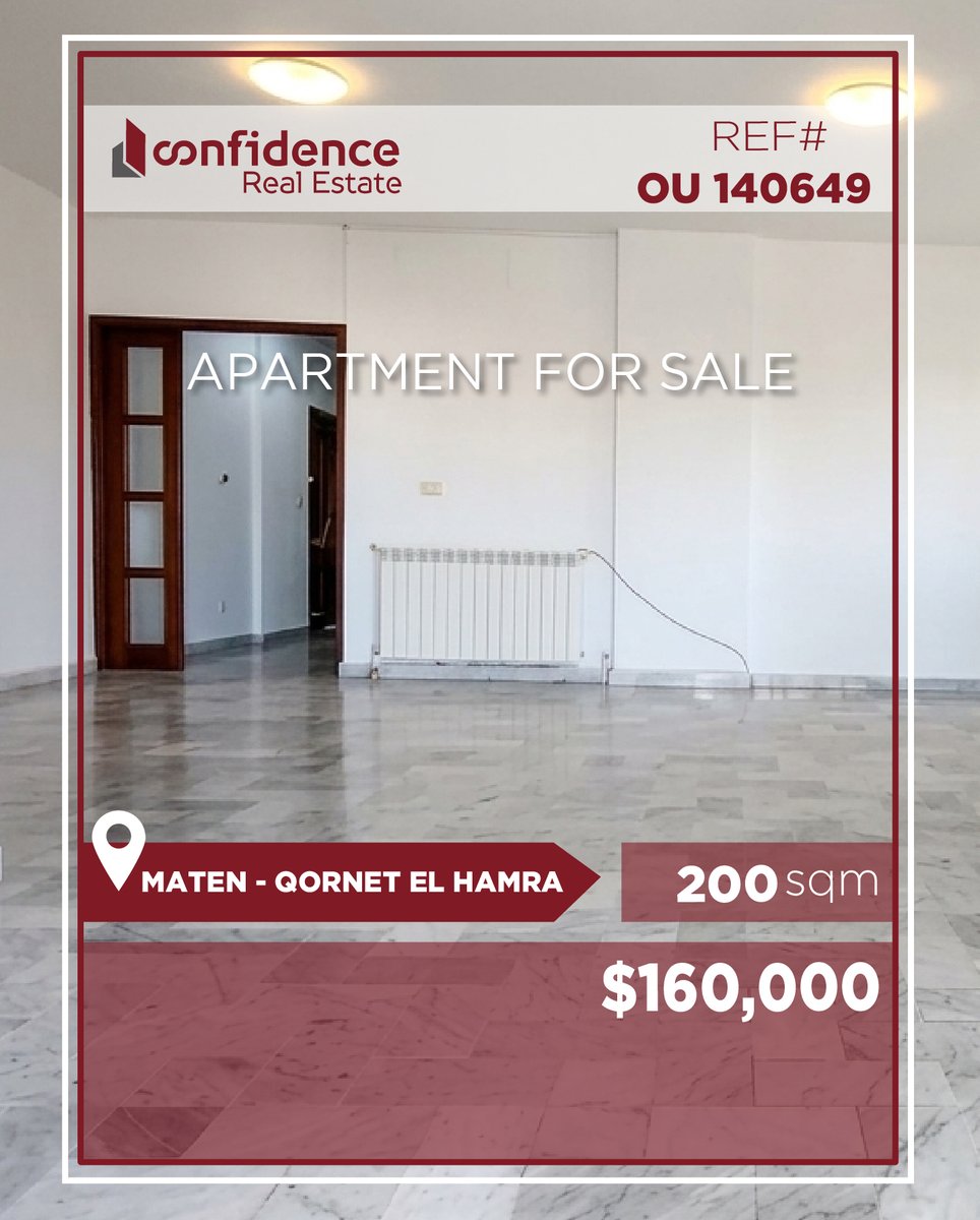 confidence_cre's tweet photo. Price: $160,000 + 2.5% commission
An apartment in Qornet El Hamra, with an area of 200 SQM, divided as follows: 150 SQM interior space and
For more information, contact us at: 71000850
REF#OU140649
#QornetElHamra #QornetElHamraRealEstate #CONFIOU
J https://t.co/VWjBBjFhnF