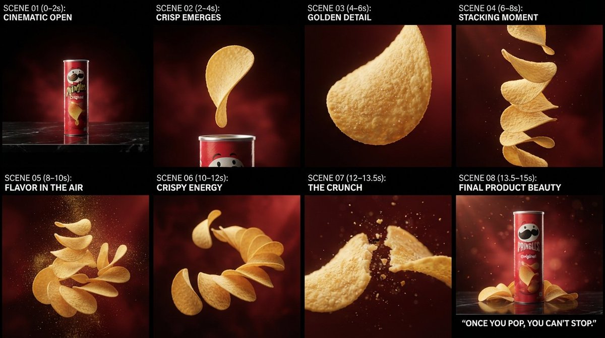 HeyRu0by's tweet photo. Prompt:

Create a 10-second vertical 9:16 premium Pringles Original advertisement with photorealistic 8K quality, luxurious cinematic lighting, realistic food textures, dramatic red-and-golden color atmosphere, and high-end commercial cinematography.

PRODUCT CONSISTENCY: Keep the uploaded Pringles Original can exactly as the reference. Preserve its original shape, size, colors, branding, mascot, typography, lid, label details, and packaging design. The can must remain identical in every shot. Do not modify or recreate the packaging.

STORY FLOW:

CAN → CHIP → GOLDEN CRISP → SEASONING → STACK → MOTION → CRUNCH → PRODUCT HERO

SCENE 01 | 0–2s — CINEMATIC OPEN
Begin in a dark premium studio with a soft red glow emerging from the background. The Pringles Original can slowly becomes visible through the darkness, sitting on a polished reflective surface. A gentle camera movement brings attention toward the product.

SCENE 02 | 2–4s — CRISP EMERGES
A single perfectly shaped golden potato crisp rises elegantly from beside the can. Capture it with an extreme macro lens as it rotates slowly through the air. Highlight its curved form and authentic crispy surface.

SCENE 03 | 4–6s — GOLDEN DETAIL
Move into an ultra-close food shot. Show the crisp from different angles while light travels across its baked surface. Reveal tiny texture details, delicate edges and natural seasoning.

SCENE 04 | 6–8s — STACKING MOMENT
Several crisps smoothly fall into position and create a clean, symmetrical stack. Use precise slow motion and realistic physics. Keep every crisp naturally curved and perfectly recognizable.

SCENE 05 | 8–10s — FLAVOR IN THE AIR
Fine seasoning particles drift around the crisps and catch the warm cinematic lighting. The camera moves through the floating particles toward the golden chips, creating a rich sensory food moment.

SCENE 06 | 10–12s — CRISPY ENERGY
The chips suddenly accelerate into a graceful circular motion, creating a visually striking spiral of golden crisps against a deep red background. Use dynamic camera tracking followed by a brief slow-motion moment.

SCENE 07 | 12–13.5s — THE CRUNCH
Extreme macro close-up of one crisp breaking with a visually satisfying crispy texture. Tiny crumbs and seasoning particles move naturally through the air. Keep the shot elegant and realistic rather than messy.

SCENE 08 | 13.5–15s — FINAL PRODUCT BEAUTY
Finish with the exact Pringles Original can centered in frame. Place a few golden crisps naturally around the base. Glossy reflection underneath, dramatic red backlight, subtle atmospheric particles and a premium commercial finish.

FINAL ON-SCREEN MESSAGE:
“ONCE YOU POP, YOU CAN’T STOP.”

CAMERA & QUALITY:
Photorealistic 8K, premium food commercial, macro cinematography, cinematic depth of field, realistic lighting, controlled slow motion, high-speed food photography, detailed chip texture, glossy reflections, natural shadows, realistic particle physics, smooth camera transitions, sharp product focus.

NEGATIVE:
No people, no hands, no extra brands, no additional cans, no packaging redesign, no logo distortion, no incorrect text, no warped can, no malformed chips, no unrealistic food texture, no watermark, no random objects, no messy composition.