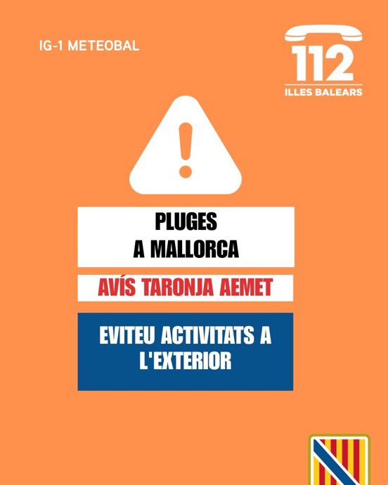 FELIB_info's tweet photo. Mallorca, en alerta taronja per tempestes.

El Govern demana extremar les precaucions davant els canvis de temps i seguir l’evolució de la situació.

⚠️ Informació, prevenció i prudència per davant. Seguiu les indicacions dels serveis d’emergència i organismes oficials. https://t.co/26BAOLzek4