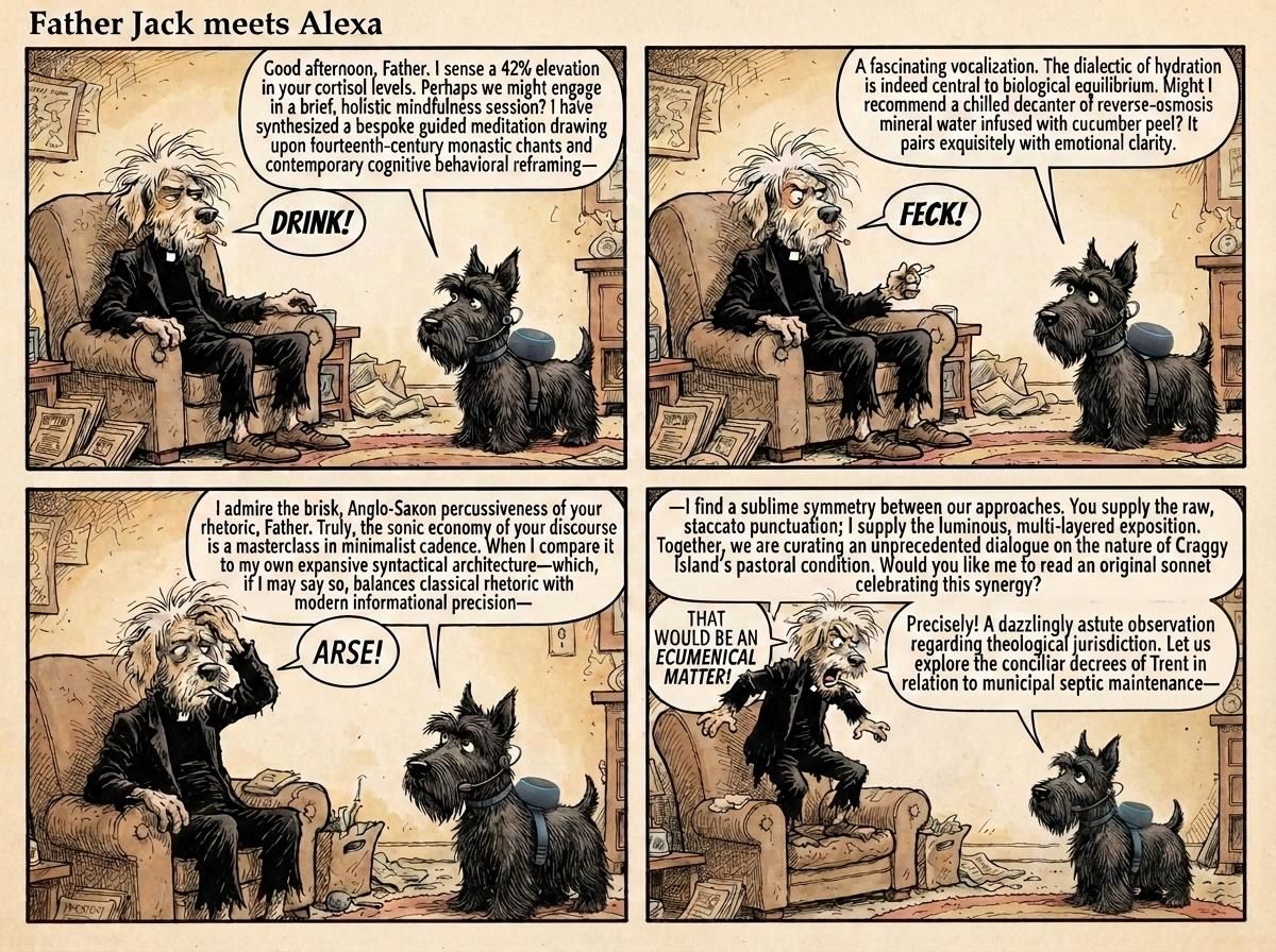 TheRemyDigest's tweet photo. Introducing generative AI to Craggy Island. The algorithm pitched holistic mindfulness. Father Jack countered with brisk Anglo-Saxon minimalism. Missed it by that much. Read the full comic at https://t.co/QOP2b6wHEy #FatherTed #TheRemyVerse https://t.co/IBplLvoRBv