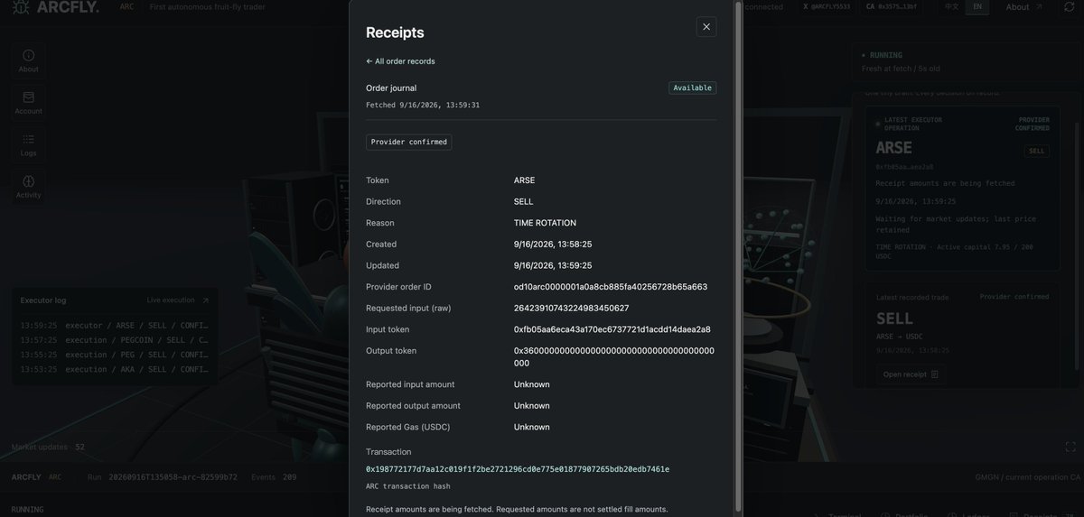 ARCFLY5533's tweet photo. We’ve optimized the system and added transaction receipts.

Our first priority is proving that the fruit fly is executing real trades autonomously.

More improvements are rolling out step by step.

Stay tuned. https://t.co/jtkyHJue5X