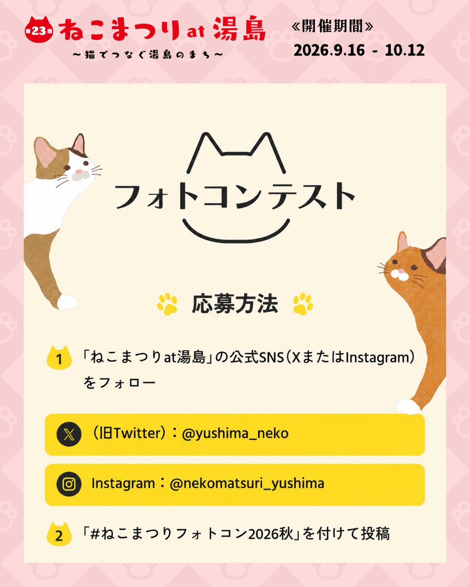 yushima_neko's tweet photo. ✨📸フォトコンテスト📸✨

投稿写真がねこまつりのポスターに採用されるかも！？
ねこまつり公式SNSをフォロー後、ハッシュタグとともにねこちゃんのお写真を投稿してください。
採用写真はポスターやニボシー、アイコン等様々な媒体で使用させていただきます。

詳細はこちら↓↓↓
https://t.co/TP5ALBe6or

#ねこまつりat湯島