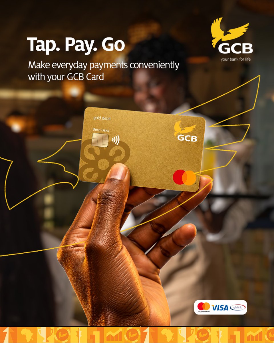 GCBBankPLC's tweet photo. Tap. Pay. Go. 💳✨
From your morning coffee to everyday shopping, make payments conveniently with your GCB Card.
Less cash. More convenience. Just tap, pay and keep moving.
#GCBCards #TapPayGo #CashlessPayments #DigitalBanking #GCBCares #YourBank4Life https://t.co/oNzhQYjhua