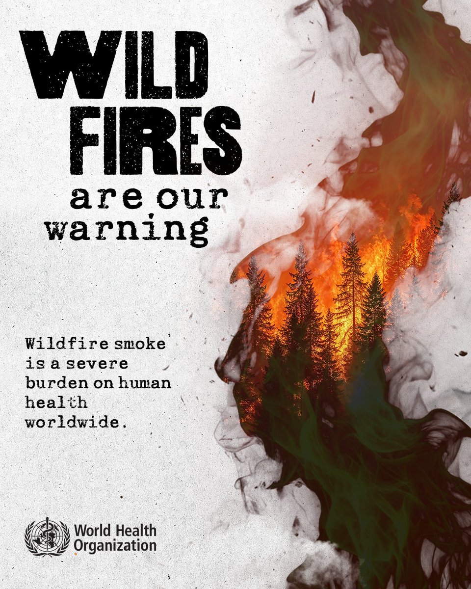 WHO's tweet photo. Wildfires are increasing globally in frequency and severity due to the impacts of climate change, and smoke pollution can extend across regions and even national borders.

Over the coming weeks we are looking at how most of these fires start, why they burn longer and hotter, what wildfire smoke does to the body, how to protect your health when smoke reaches you, and how WHO works with countries before, during and after a fire. 

Learn how to stay safe when wildfire threatens your community. 
Follow along.