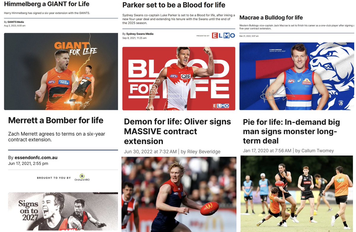 Scobey__'s tweet photo. Few examples of how easy it is to see that contracts don't mean anything and signing someone up on long term deals generally works out for the worst... 

♻️ 4/6 of these players currently play for another club ⬇️ 

⏰⏳⌛️ 1/6 is basically gone & the other looks set to play footy elsewhere. 

"For life" & long contracts are extremely fraudulant.