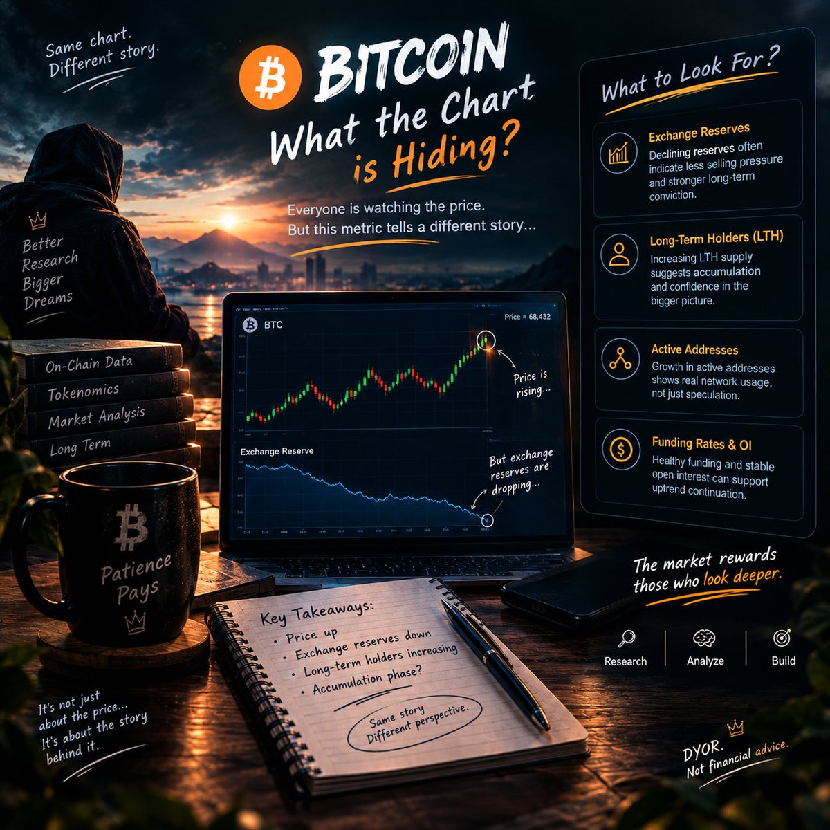 mmmd234a's tweet photo. 📊 The chart is only the beginning.

A rising price can attract attention, but the real story often lives beneath the surface.

When researching BTC, I look beyond the candles:
→ Exchange reserves
→ Long-term holder behavior
→ Active addresses
→ Funding rates & open interest

No single metric tells the whole story. The edge comes from connecting the signals.

Don't just watch the market. Understand it. 🔍

What on-chain metric do you watch most closely?

#Bitcoin #BTC #OnChain #CryptoResearch #MarketAnalysis #Crypto