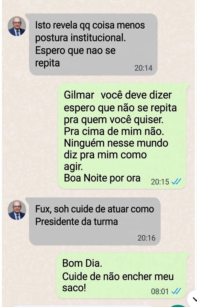 ArleteCaetum's tweet photo. Ao ser confrontado e ver o seu nome envolvido nas acusações do decano, o ministro Luiz Fux reagiu de forma imediata e ríspida, respondendo textualmente para Gilmar "não encher o saco". https://t.co/4xb48R5rhY