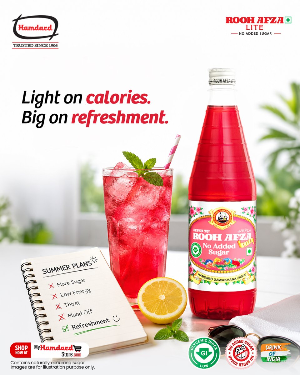 HamdardFoods's tweet photo. Light on calories, big on refreshment. Sip into summer with Rooh Afza Lite.
#RoohAfzaLite #NoAddedSugar #Hamdard #Refreshment #SummerSip https://t.co/TAHBqedHiF