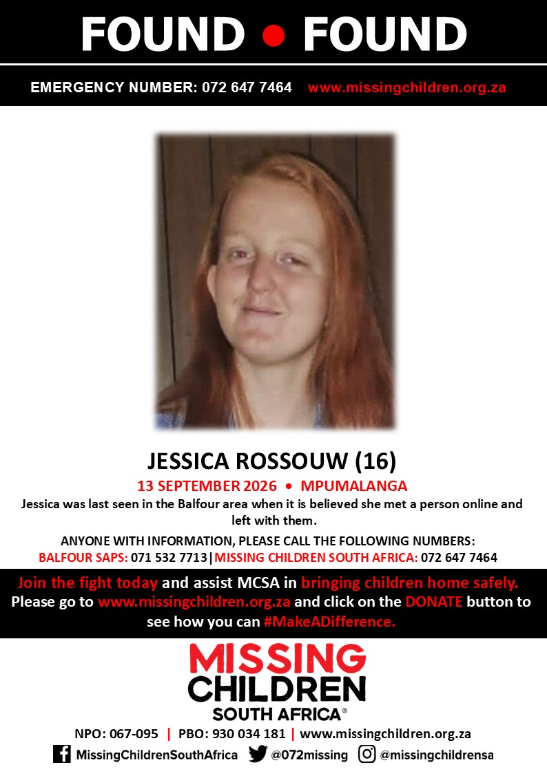 072MISSING's tweet photo. #MCSAFound 

Wonderful news! Jessica Rossouw has been found safe.

If you personally, or your company | or your place of work, would like to make a donation to #MCSA, please click here to donate: https://t.co/x07yLZW7KQ Thank you https://t.co/oeOVYkNy5n