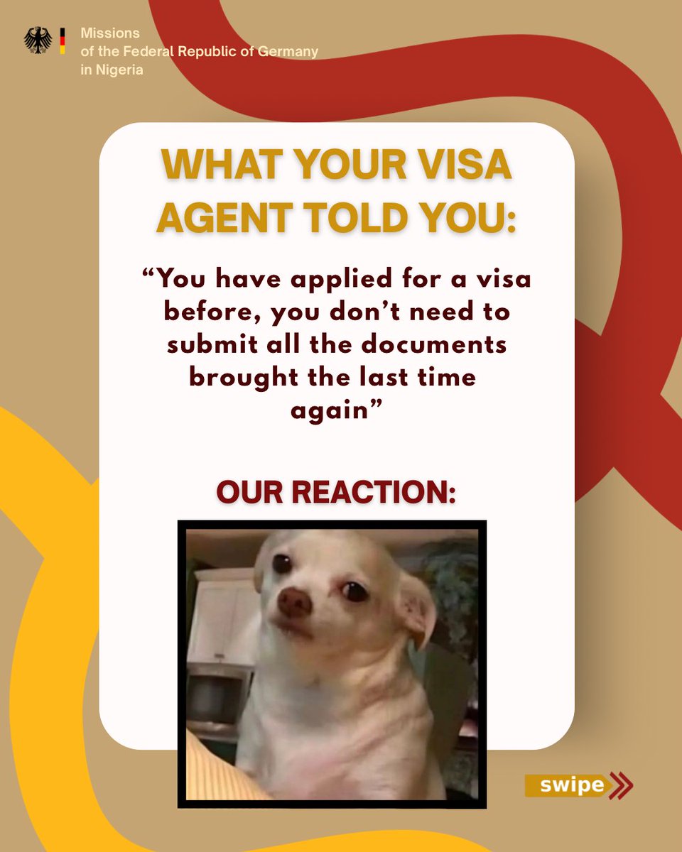GERinNigeria's tweet photo. “What your Visa Agent told you” 😣 vs Reality ✅ 

Tell us something you’ve heard from a “Visa Agent” in the comments ⬇️ and we’ll answer in the next post 👍🏼 

📲Share this with someone who needs to know this 
#Visainformation 
#visamythbusting https://t.co/ziCkyU4n70