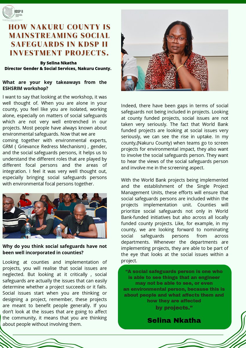 Devolution_KE's tweet photo. 46 Counties are gearing up to rollout major development projects funded by the 5.7 billion shillings #KDSP Level II Grant.  

How will they protect people and the environment?  

Nakuru County's Director, Gender and Social Services, Selina Nkatha explains below.  

#DevolutionKE https://t.co/fKlsTJjJpu