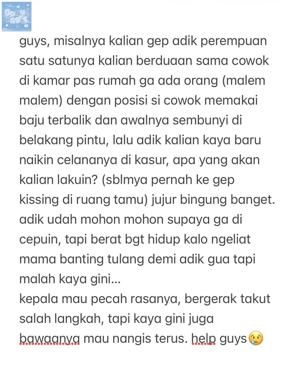 convobase's tweet photo. 💭 tw // gep , kissing , minor

boleh minta pendapat gua harus gimana ga ya? tia https://t.co/dTrJOcWXso