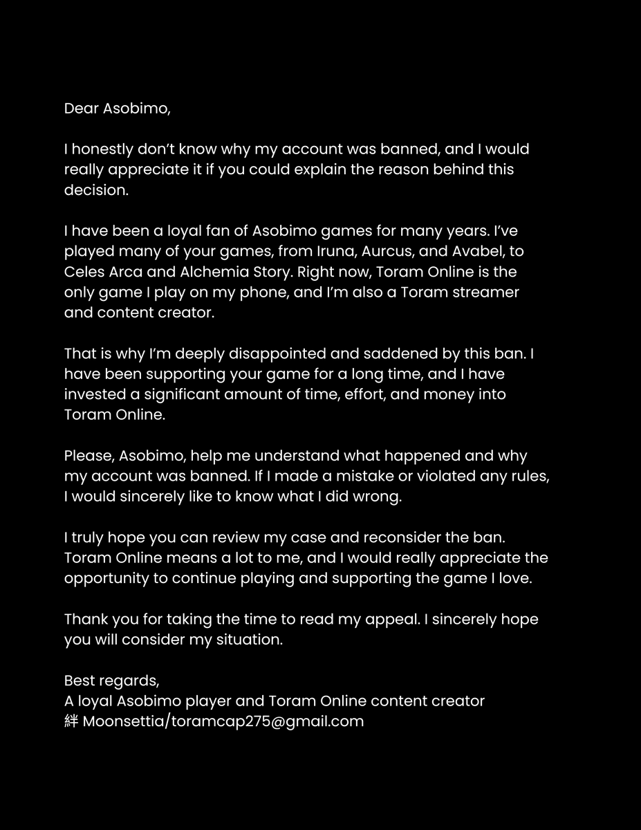 alsynll's tweet photo. Dear @ASOBIMO_BEMMO @asobimo_en, 
I sincerely hope you can inform me as soon as possible why my Toram account has been banned🙏🏻
#toram_online #asobimo #toramonline https://t.co/Lqw6wpS1Y8