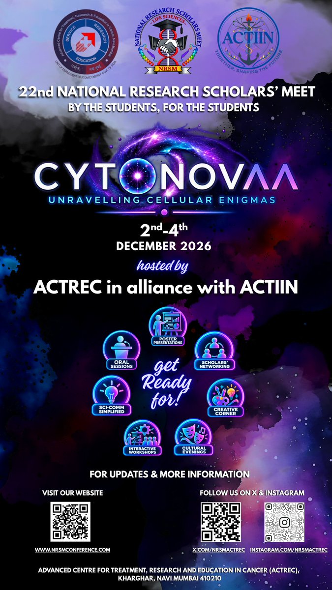 nrsmactrec's tweet photo. NRSM 2026 dates are here! 2–4 December 2026. CYTONOVA: Unravelling Cellular Enigmas, hosted by ACTREC and ACTIIN Alliance. See you there! #nrsm2026 #nationalresearch #phdlife #mscstudent #indianscience #conference #daterelease #NCCS #IITBOMBAY #tifrmumbai #iiserpune https://t.co/kYUIrmzBCl