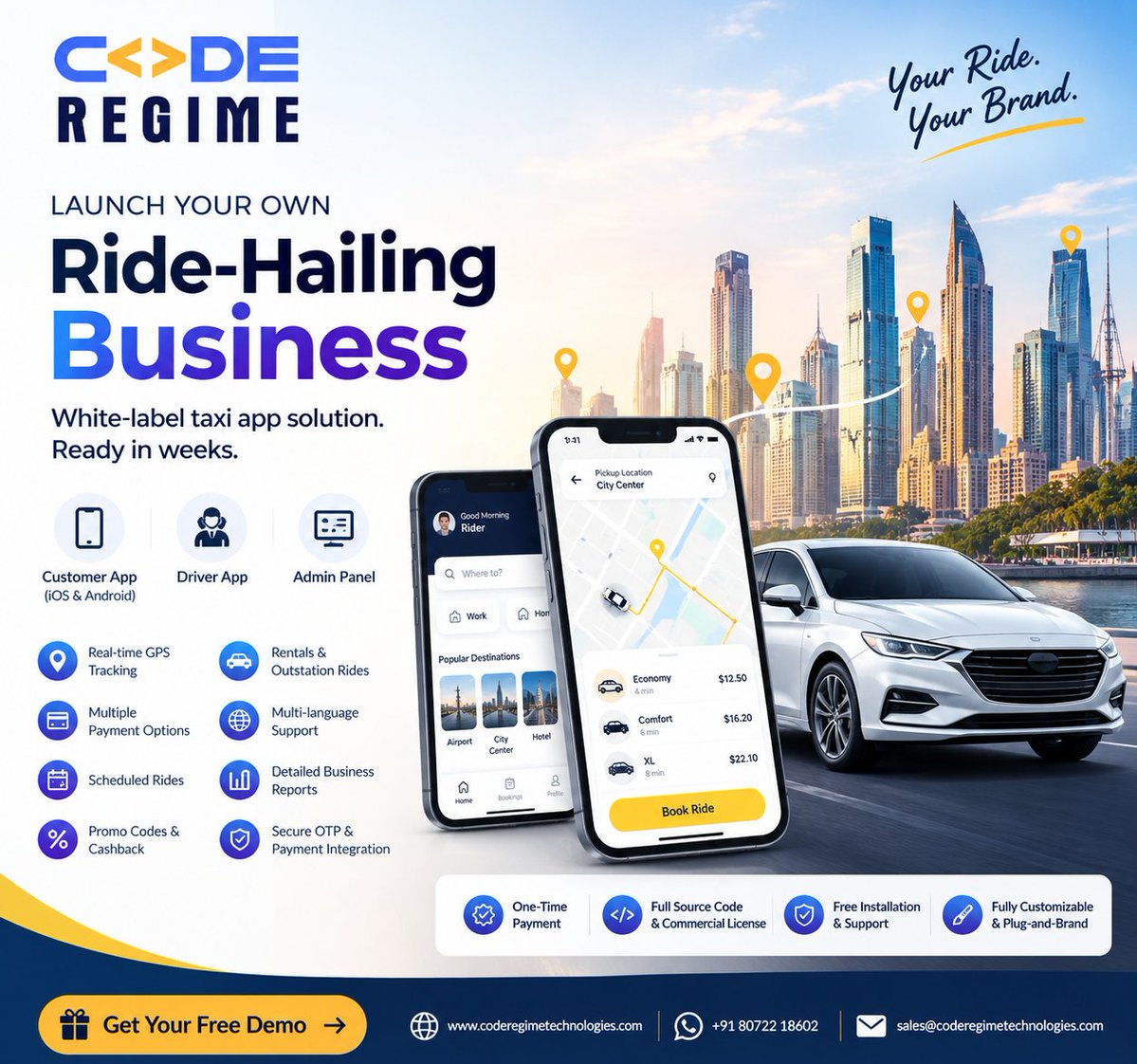 RegimeCode's tweet photo. 🚖 Launch your own ride-hailing business in weeks with CabRegime, a white-label taxi booking solution

🚀 Your brand. Your taxi platform.
📲 +91 80722 18602
🌐 https://t.co/IUm4ZF3Zzx

#TaxiApp #RideHailing #TaxiBusiness #TaxiBookingApp #WhiteLabelApp #Mobility #AppDevelopment https://t.co/Ctdyv7DPs5