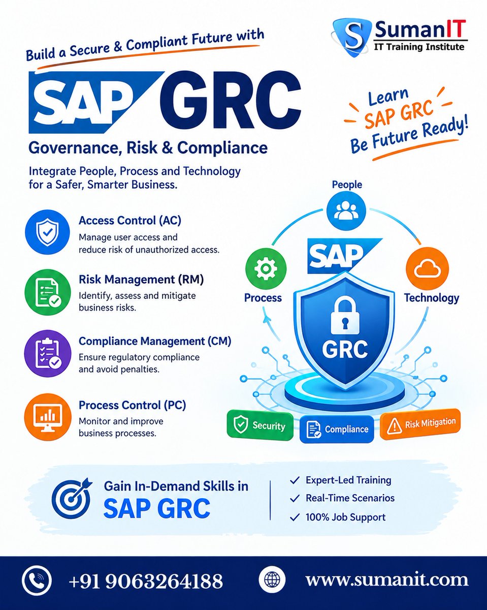 puffylove109's tweet photo. Master SAP GRC with practical learning in security, risk, compliance, and access control to build future-ready enterprise IT skills. 🚀🛡️

#SumanIT #SAPGRC #SAPTraining #SAPCareer #SAPJobs #SAPConsultant #ITSecurity #RiskManagement #LearnSAP #CareerGrowth https://t.co/UiCtRpndQd
