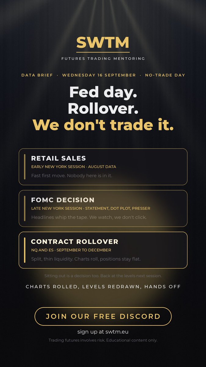 FatCitizen's tweet photo. A #Fed decision and a contract roll on the same day: two reasons the tape lies to you. 

Volume splits between September and December, headlines yank price through levels that meant something yesterday. 

Most accounts get hurt on days like this precisely because there's "so much movement". 

Inside SWTM the mentoring is as much about the days we stay flat as the ones we trade. 

Free Discord via https://t.co/mjdPIa1gJn.