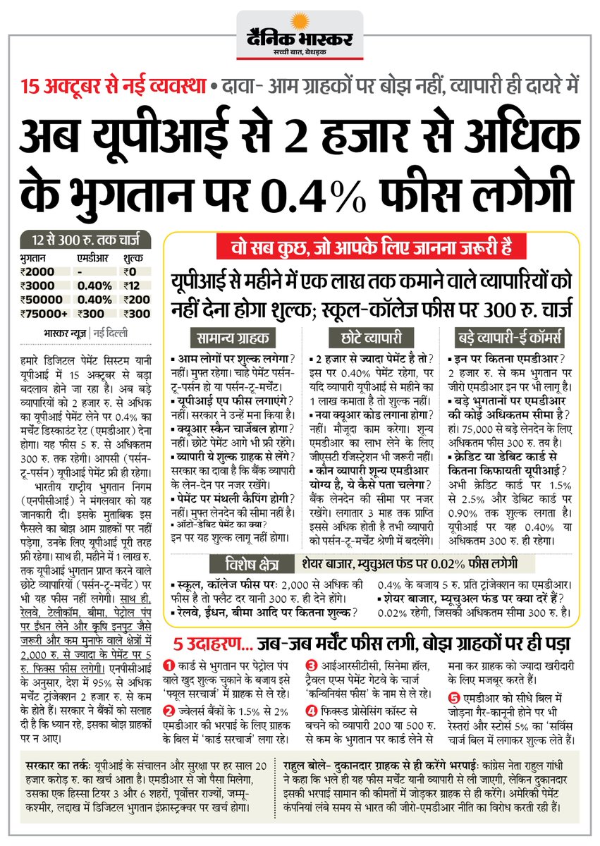 DainikBhaskar's tweet photo. UPI पेमेंट सिस्टम में बड़ा बदलाव- 2 हजार से अधिक के भुगतान पर लगेगी 0.4% फीस... स्कूल-कॉलेज फीस पर ₹300 चार्ज लगेगा
#UPI #UPIPayments #DigitalPayments #NPCI #UPICharges

अधिक खबरें और ई-पेपर पढ़ने के लिए दैनिक भास्कर एप इंस्टॉल करें - https://t.co/uXrhGpuirk https://t.co/wM6mKCfHZk